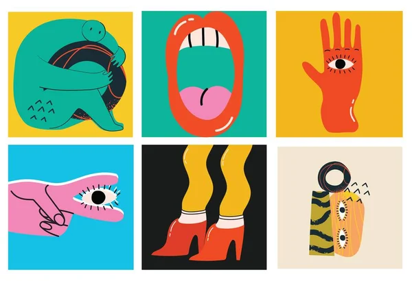 Великий набір різних кольорових векторних ілюзій для плакатів у дизайні Cartoon Flat. Рука намальована Абстрактні фігури, обличчя, різні текстури смішні персонажі коміксів . — стоковий вектор
