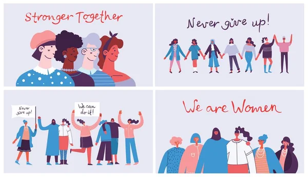 Internationale Vrouwendag. Vrouwen in leiderschap, empowerment van vrouwen, gendergelijkheidsconcepten. Een menigte van vrouwen van verschillende leeftijd, rassen en beroep. Vector banner. — Stockvector