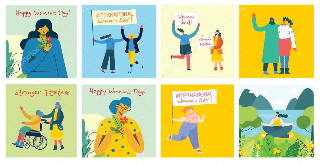 International Womens Day. Women in leadership, woman empowerment, gender equality concepts. Crowd of women of diverse age, races and occupation. Vector banner.
