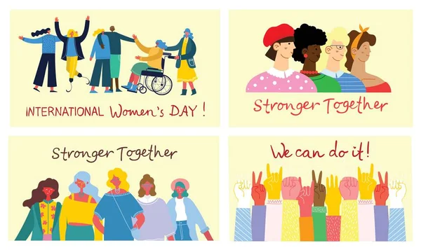 Internationaler Frauentag. Frauen in Führungspositionen, Frauenförderung, Konzepte zur Gleichstellung der Geschlechter. Massen von Frauen unterschiedlichen Alters, verschiedener Rassen und Berufe. Vektorbanner. — Stockvektor