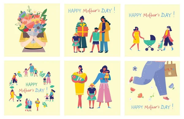 Feliz Dia das Mães Conjunto de ilustrações vetoriais fofas e coloridas. Crianças e sua mãe, presentes e flores para a celebração do Dia das Mães. Modelos de design para um cartão, banner — Vetor de Stock