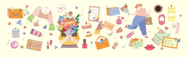 El verano está en el aire. Linda chica sosteniendo un ramo de flores. Ilustración de stock vectorial. Diseño para las vacaciones de primavera, cumpleaños, diario. — Archivo Imágenes Vectoriales