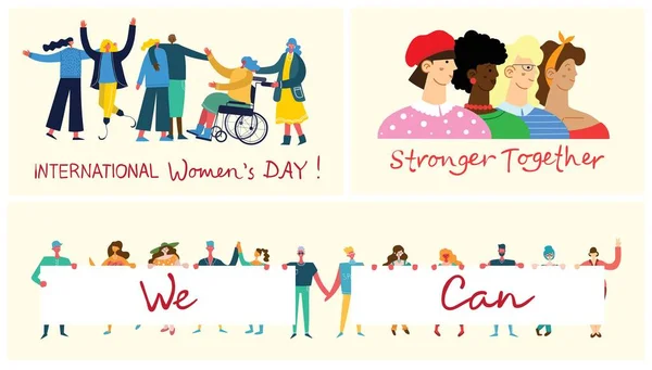 International Women s Day. Women in leadership, woman empowerment, gender equality concepts. Crowd of women of diverse age, races and occupation. Vector banner. — Stock Vector