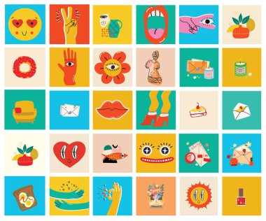 Çizgi film Düz Tasarımı 'ndaki posterler için Büyük Değişik Renkli Vektör Çizimleri. El çizimi soyut şekiller, yüzler, farklı doku, Yunan unsurları, komik çizgi karakterler.