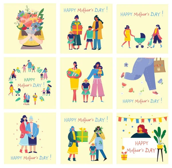 Happy Mother s Day Ensemble d'illustrations vectorielles mignonnes et colorées. Les enfants et leur mère, cadeaux et fleurs pour la fête des mères. Modèles de conception pour une carte, bannière — Image vectorielle