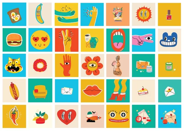 Big Set of Different colored εικονογραφήσεις διάνυσμα για αφίσες στο σχέδιο Cartoon Flat. Χειροποίητα αφηρημένα σχήματα, πρόσωπα, διαφορετική υφή, ελληνικά στοιχεία, αστείοι κωμικοί χαρακτήρες. — Διανυσματικό Αρχείο