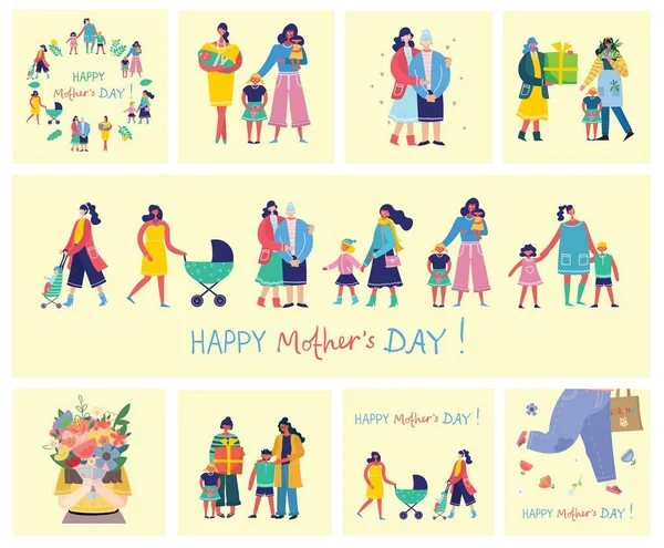 Happy Mother's Day Set di simpatiche e colorate illustrazioni vettoriali. Bambini e la loro mamma, regali e fiori per la festa della mamma. Modelli di design per una carta, banner — Vettoriale Stock