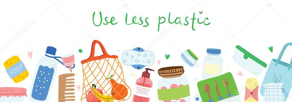 Collection of Zero Waste durable and reusable items or products - glass jars, eco grocery bags, wooden cutlery, comb, toothbrush and brushes, menstrual cup, thermo mug.
