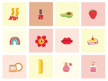 Çizgi film Düz Tasarımı 'ndaki posterler için Büyük Değişik Renkli Vektör Çizimleri. El çizimi soyut şekiller, yüzler, farklı doku, Yunan unsurları, komik çizgi karakterler.