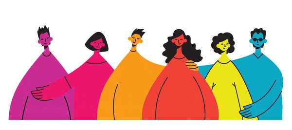 Crowd of happy diverse hugging people. Concept of friendship day, unity. Celebration or congratulation of multiracial students or friends.