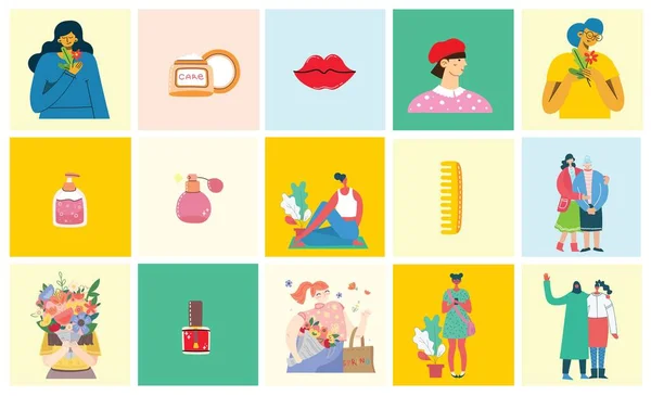 Femmes Cosmétiques Procédures Cosmétiques Salon Beauté Cartes Illustration Vectorielles — Image vectorielle