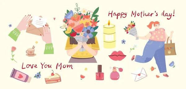 Happy Mother Day Set Med Fem Söta Och Färgglada Vektorillustrationer — Stock vektor