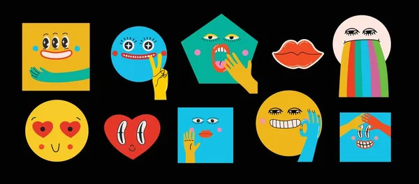 Colección de personajes cómicos abstractos locos elementos y caras. Colores brillantes Estilo de dibujos animados. Ilustración vectorial — Archivo Imágenes Vectoriales