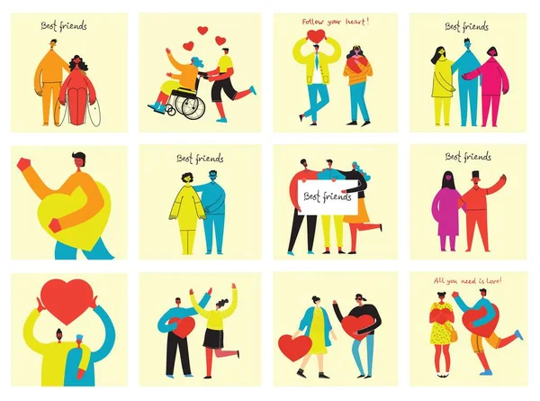 Mutlu, çeşitli, kucaklaşan insanlarla dolu bir arka plan. Arkadaşlık günü kavramı, birlik. Çok ırklı öğrencilerin ya da arkadaşlarının kutlanması ya da tebrik edilmesi.