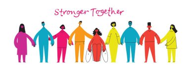 Mutlu erkek ve kadınların düz bir şekilde el ele tutuşmalarının vektör çizimi. Karakterli tasvir. Birlikte daha güçlüyüz.