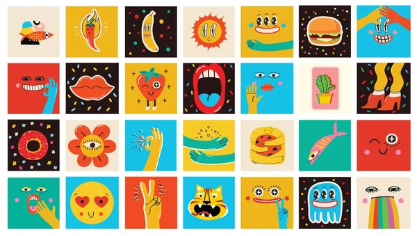 Big Set of Different colored Vector illustartions for posters in Cartoon Flat design. Hand drawn Abstract shapes, faces, different texture, greek elements, funny Comic characters. — Stock Vector