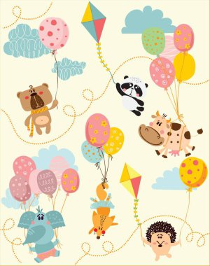 Balonların üzerinde uçan basit tasarım şirin hayvanların olduğu vektör kartı. Çocuklar için tebrik kartı tasarımı, tişört baskısı, ilham posteri..