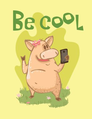 Basit çizgi film tarzında şirin fillerin ve domuzların vektör renk seti