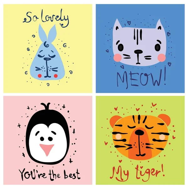Διάνυσμα καρτών με χαριτωμένα ζώα σε απλό σχεδιασμό και αστεία γράμματα για τα παιδιά ευχετήρια κάρτα σχεδιασμού, t-shirt print, αφίσα έμπνευση. — Διανυσματικό Αρχείο