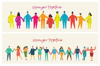 Mutlu erkek ve kadınların düz bir şekilde el ele tutuşmalarının vektör çizimi. Karakterli tasvir. Birlikte daha güçlüyüz.