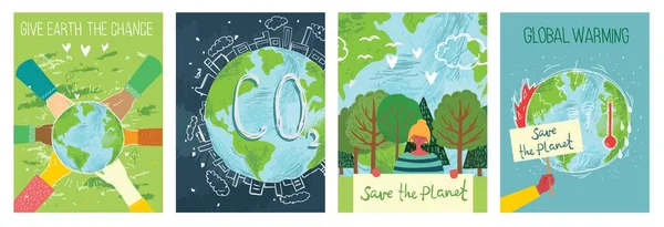 Vector eco illustration cards for social poster, banner or card of saving the planet, human hands protect our earth. — Archivo Imágenes Vectoriales