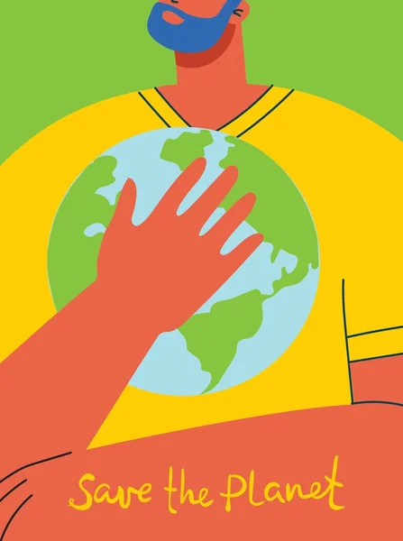社会的なポスター、バナーや地球を救うのカードのためのベクトルエコイラストカード、人間の手は私たちの地球を守る. — ストックベクタ