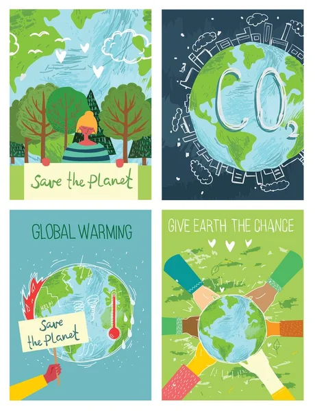 Vector eco illustration cards for social poster, banner or card of saving the planet, human hands protect our earth. — Image vectorielle