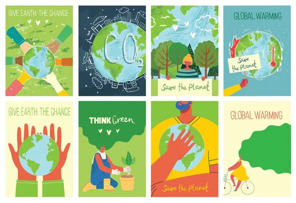 用于社会海报、旗帜或拯救地球卡片的病媒生态示意图卡片，人类之手保护我们的地球. — 图库矢量图片