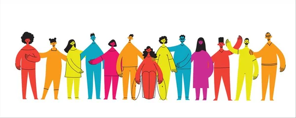 Плоска ілюстрація групи, що містить інклюзивні та диверсифіковані люди всі разом без будь-якої різниці . — стоковий вектор