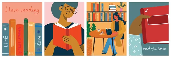 The concept of reading day. People hold a book in their hands. Human character on the background. Flat design style vector cards. - Stok Vektor