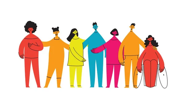 Platte illustratie van een groep met inclusieve en gediversifieerde mensen zonder enig verschil. — Stockvector
