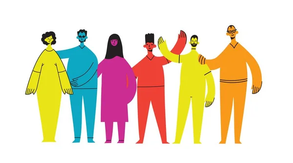 Platt illustration av en grupp som innehåller inkluderande och diversifierade människor alla tillsammans utan någon skillnad. — Stock vektor