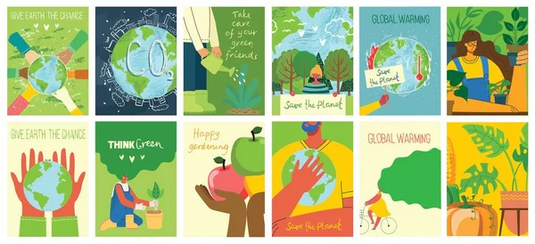 Vektor eco illustration kort för social affisch, banner eller kort för att rädda planeten, mänskliga händer skydda vår jord. — Stock vektor