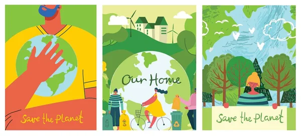 Vecteur éco cartes d'illustration pour affiche sociale, bannière ou carte de sauver la planète, les mains humaines protègent notre terre. — Image vectorielle
