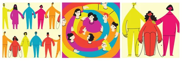 Ilustração plana de um grupo contendo pessoas inclusivas e diversificadas, todas juntas, sem qualquer diferença. — Vetor de Stock