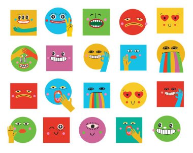 Collection of crazy Abstract comic characters geometric elements and faces. Bright colors Cartoon style. Vector Illustration