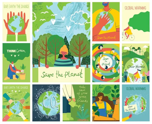 Vecteur éco cartes d'illustration pour affiche sociale, bannière ou carte de sauver la planète, les mains humaines protègent notre terre. — Image vectorielle