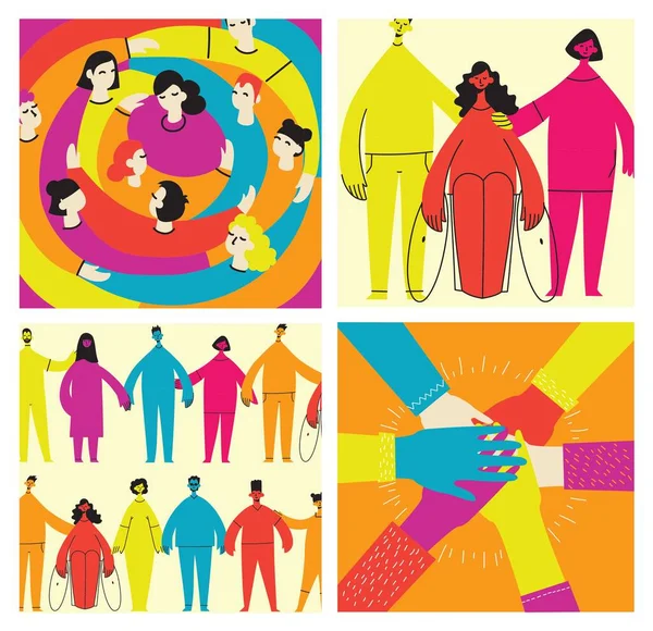 Ilustração plana de um grupo contendo pessoas inclusivas e diversificadas, todas juntas, sem qualquer diferença. — Vetor de Stock