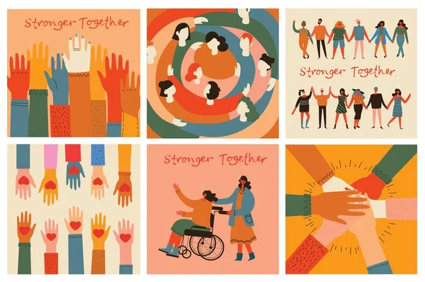 Illustration plate d'un groupe de personnes inclusives et diversifiées, toutes ensemble, sans aucune différence. — Image vectorielle