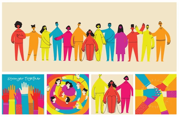 Ilustração Vetorial Plana Grupo Contendo Pessoas Inclusivas Diversificadas Todas Juntas — Vetor de Stock