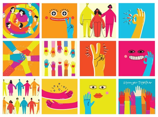 Illustration Vectorielle Plate Groupe Personnes Inclusives Diversifiées Toutes Ensemble Sans — Image vectorielle