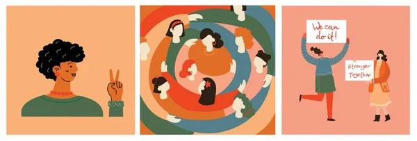 Frauenfreundschaftsgruppe Vielfältiges Frauenteam Das Zusammensteht Händchen Hält Mädchenpower Multinationale Schwesternschaft — Stockvektor