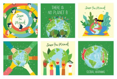 Sosyal poster, pankart ya da gezegeni kurtarma kartı için vektör ekolojik çizim kartları. İnsan eli dünyamızı korur..