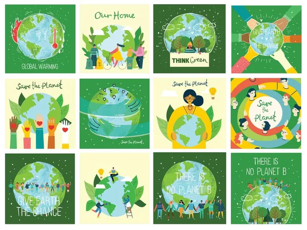 Vector eco illustration cards for social poster, banner or card of saving the planet, human hands protect our earth. — Vector de stock