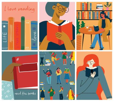 Okuma günü konsepti. İnsanlar ellerinde bir kitap tutuyor. Arka planda insan karakteri var. Düz tasarım biçim vektör kartları.