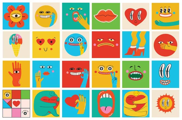 Verzameling van ronde abstracte stripgezichten met verschillende emoties. Crazy Abstract komische geometrische vorm karakters elementen en gezichten. Vector Illustratie — Stockvector