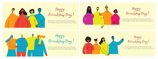 Background with happy diverse hugging people. Concept of friendship day, unity. Celebration or congratulation of multiracial friends. — Stock Vector