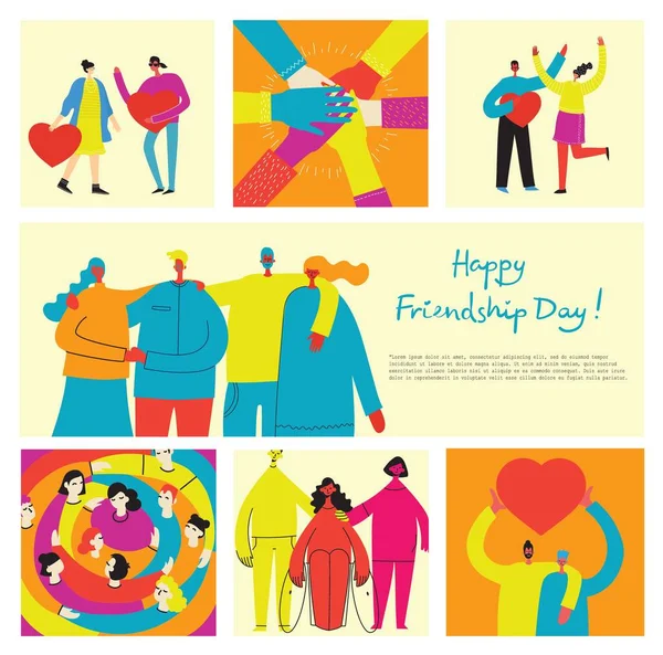 Background with happy diverse hugging people. Concept of friendship day, unity. Celebration or congratulation of multiracial friends. — ストックベクタ