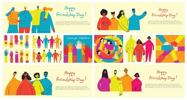 Background with happy diverse hugging people. Concept of friendship day, unity. Celebration or congratulation of multiracial friends. — Stock Vector