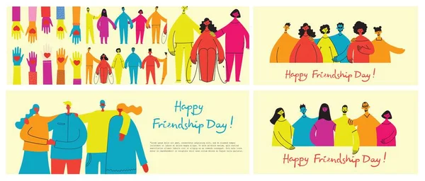 Background with happy diverse hugging people. Concept of friendship day, unity. Celebration or congratulation of multiracial friends. — ストックベクタ